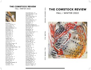 Cover of Fall Winter 2023 Issue of The Comstock Review. On left a list of contributors. In center a vertical spine with issue name and number. On right words "The Comstock Review Fall Winter 2023" above painting House on Fire Number 1 by Linda Schrank. Abstract image: roughly circular mesh of ribbons in black, white, gray, yellow, orange and red